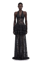 Holland Maxi Dress Black Floral Appliqué Tiered
