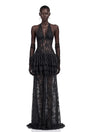 Holland Maxi Dress Black Floral Appliqué Tiered