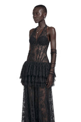 Holland Maxi Dress Black Floral Appliqué Tiered