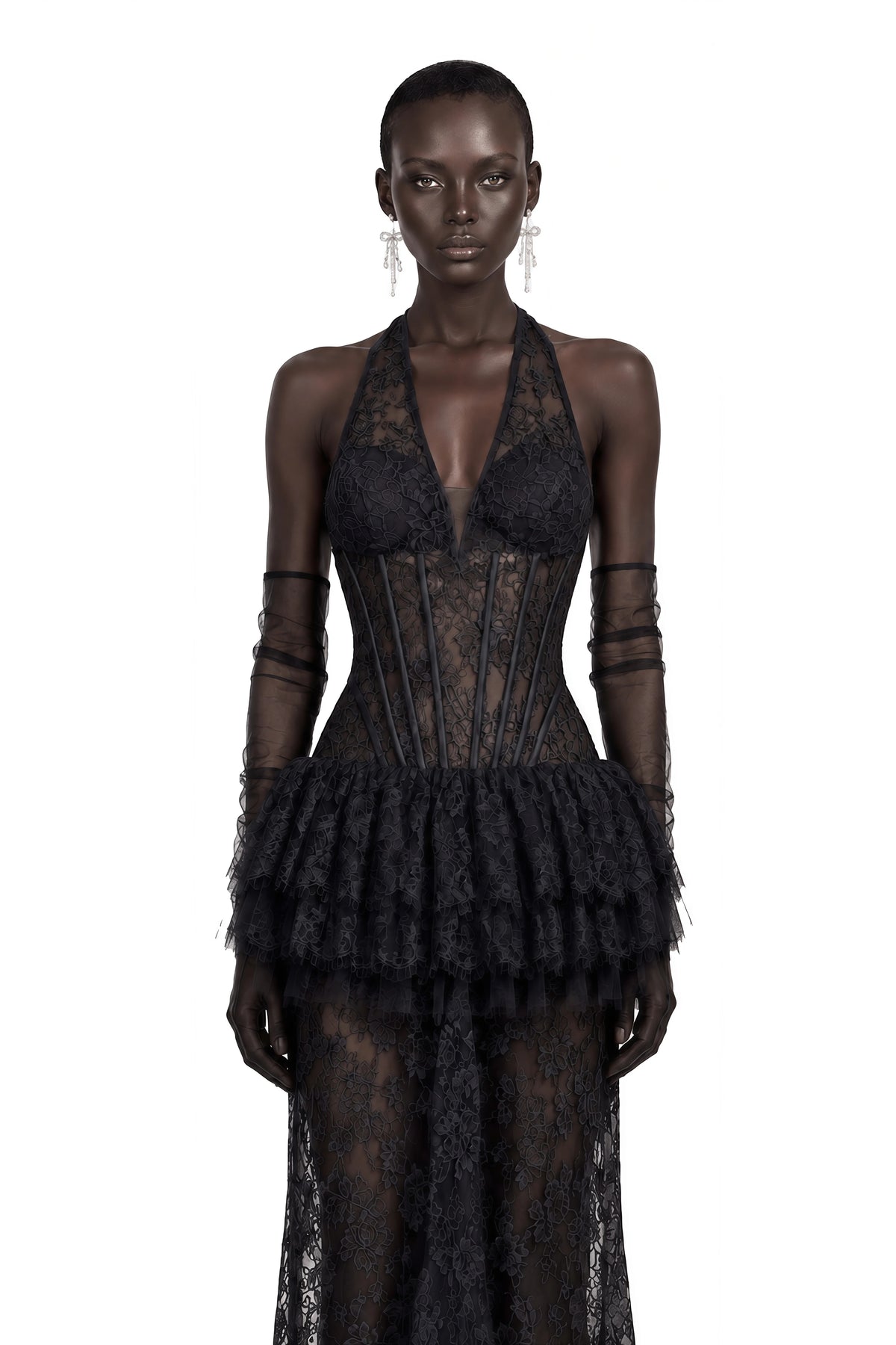 Holland Maxi Dress Black Floral Appliqué Tiered