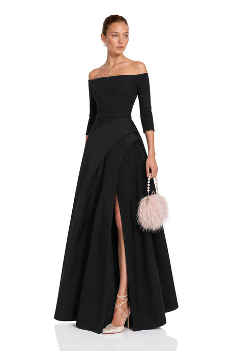 Jayla Maxi Dress Black Off-Shoulder with High Thigh Slit