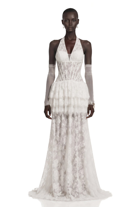 Alexa Maxi Dress White Floral Appliqué Tiered