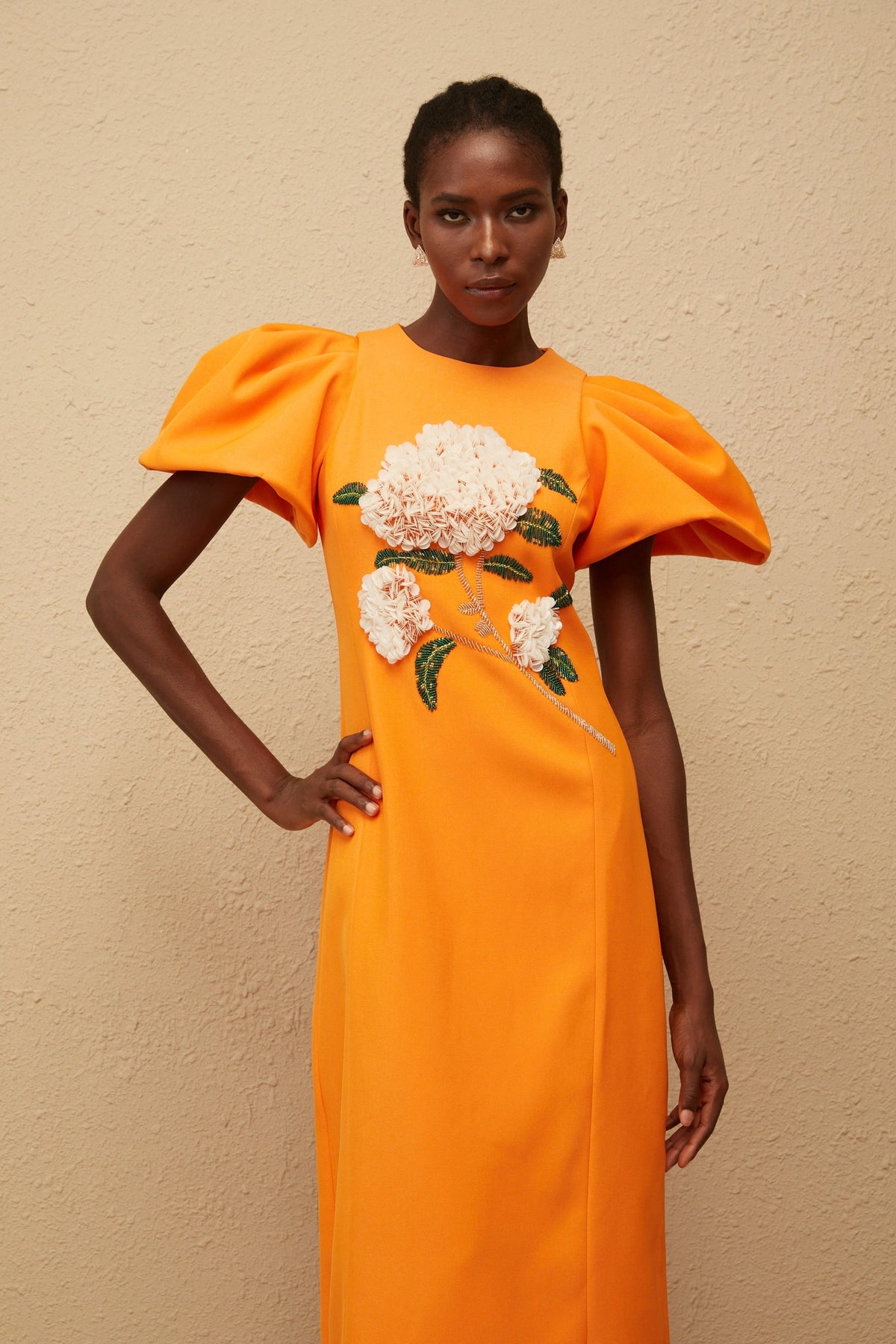 Sara Midi Dress Orange Floral Embroidered