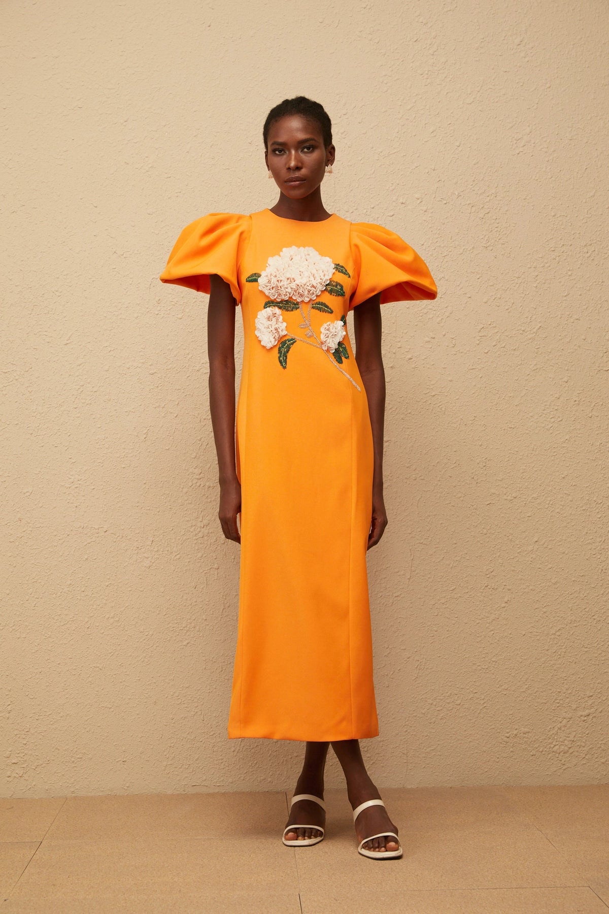 Sara Midi Dress Orange Floral Embroidered
