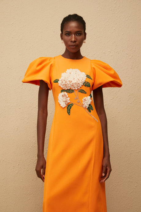 Sara Midi Dress Orange Floral Embroidered