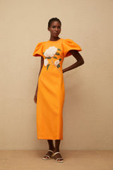 Sara Midi Dress Orange Floral Embroidered