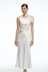 Caitlin Midi Dress White Asymmetrical Satin with Lace Trim