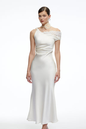 Caitlin Midi Dress White Asymmetrical Satin with Lace Trim
