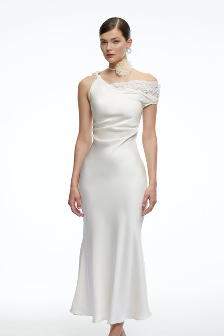 Caitlin Midi Dress White Asymmetrical Satin with Lace Trim