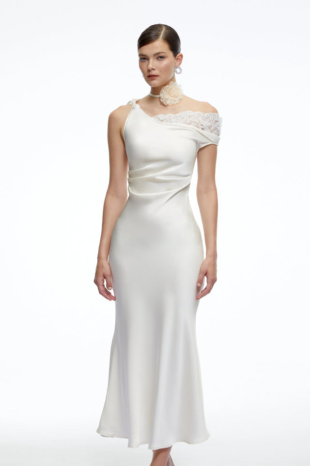 Caitlin Midi Dress White Asymmetrical Satin with Lace Trim
