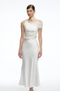 Caitlin Midi Dress White Asymmetrical Satin with Lace Trim
