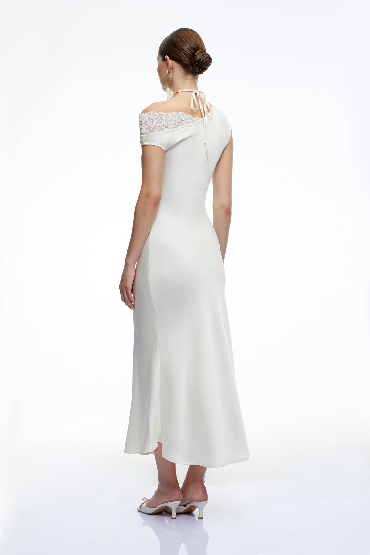 Caitlin Midi Dress White Asymmetrical Satin with Lace Trim