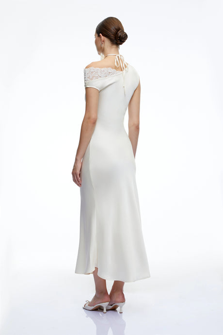Caitlin Midi Dress White Asymmetrical Satin with Lace Trim