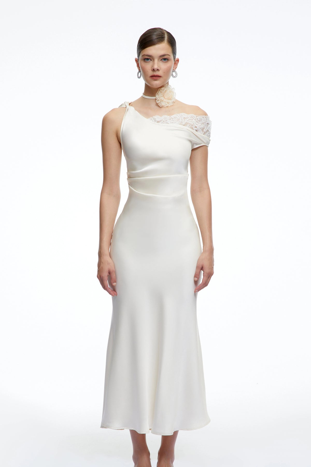 Caitlin Midi Dress White Asymmetrical Satin with Lace Trim