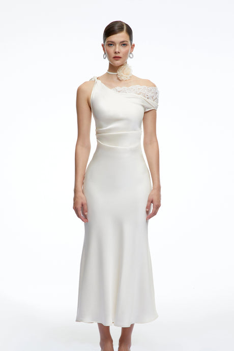 Caitlin Midi Dress White Asymmetrical Satin with Lace Trim