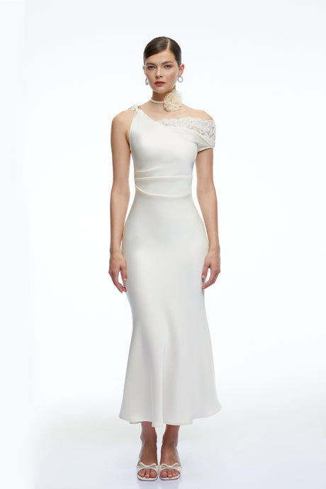 Caitlin Midi Dress White Asymmetrical Satin with Lace Trim