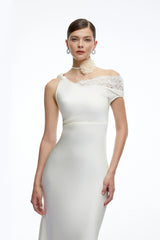 Caitlin Midi Dress White Asymmetrical Satin with Lace Trim