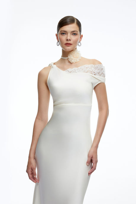 Caitlin Midi Dress White Asymmetrical Satin with Lace Trim
