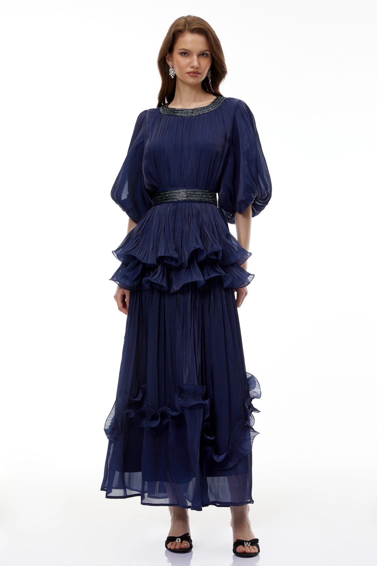 Simona Maxi Dress Blue Embellished Pleated