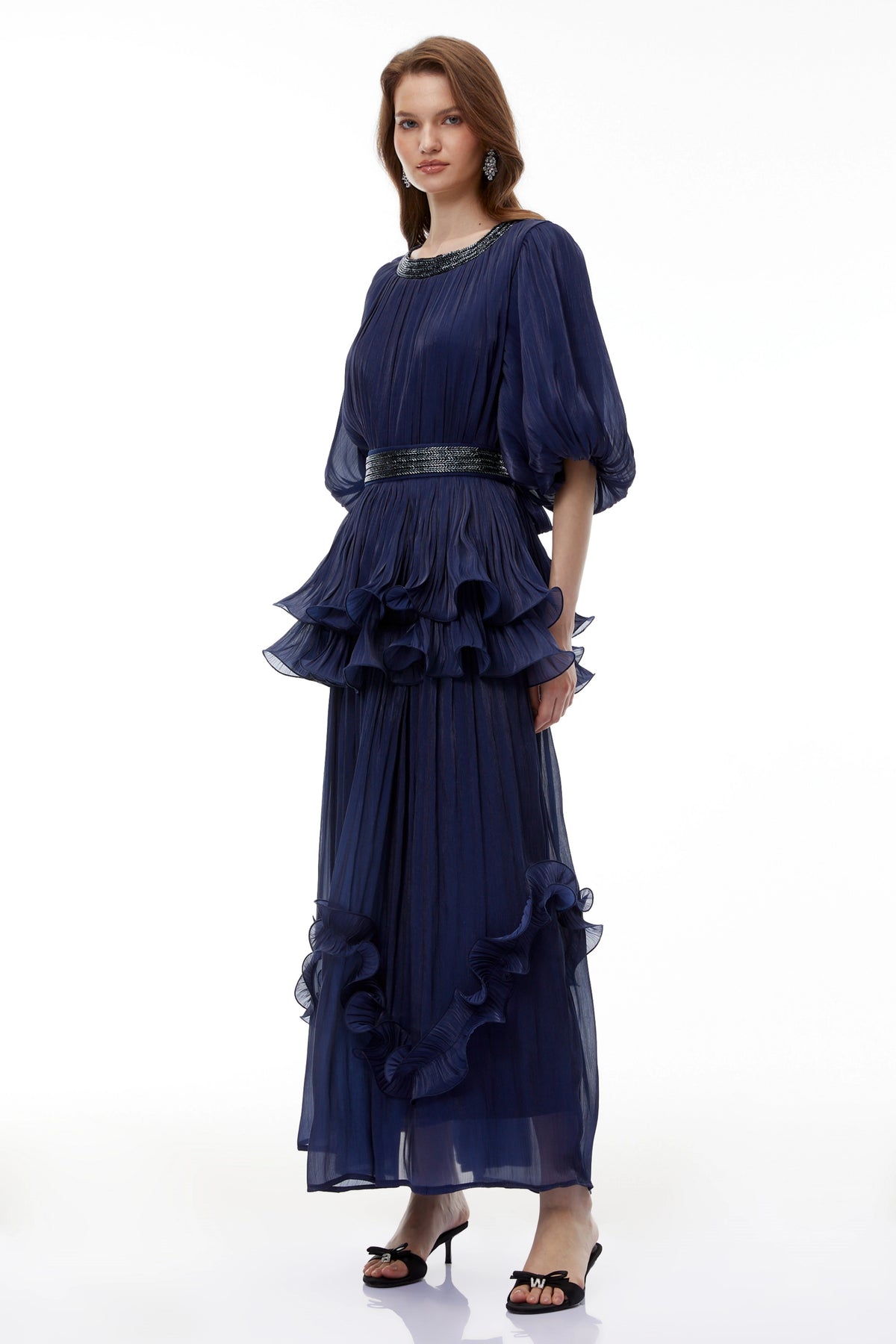 Simona Maxi Dress Blue Embellished Pleated