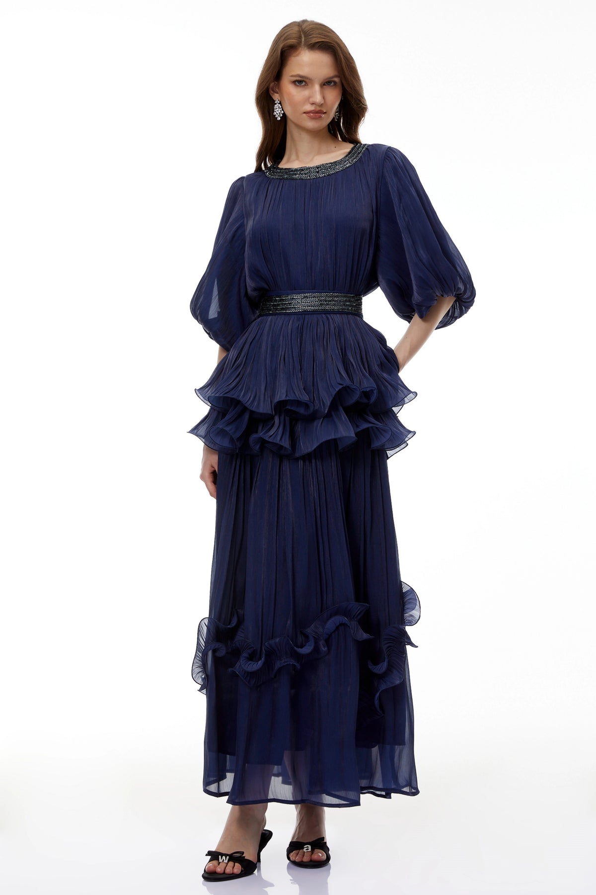 Simona Maxi Dress Blue Embellished Pleated