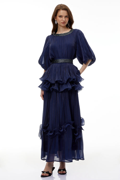Simona Maxi Dress Blue Embellished Pleated