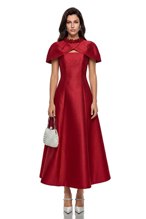 London Midi Dress Red Cape with 3D Petals