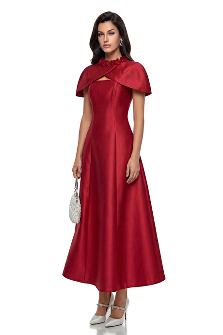 London Midi Dress Red Cape with 3D Petals