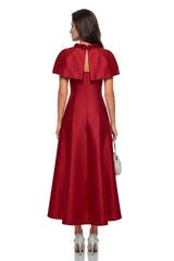 London Midi Dress Red Cape with 3D Petals