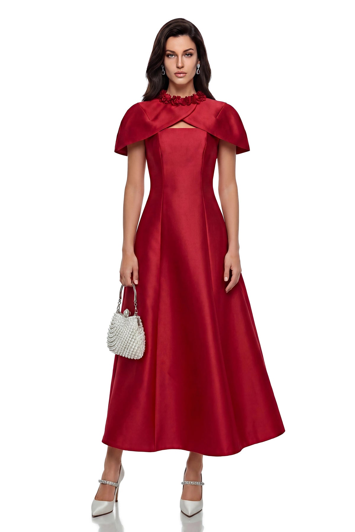 London Midi Dress Red Cape with 3D Petals