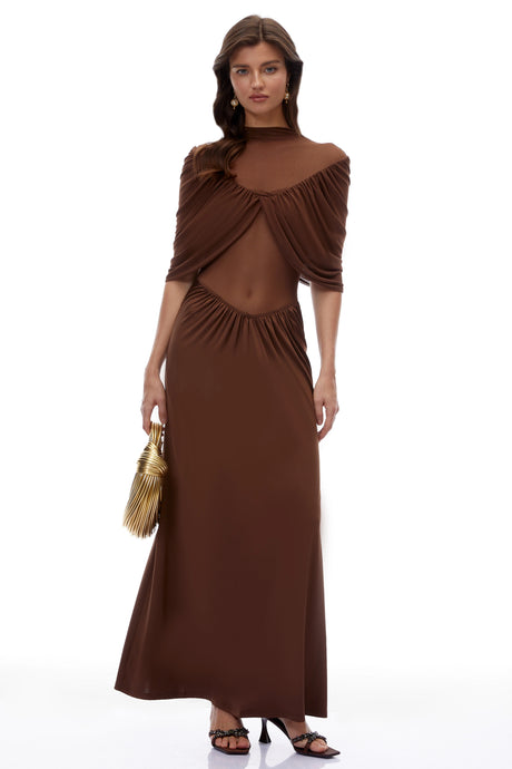 Benedetta Maxi Dress Chocolate Brown Ruched with Cape Sleeves
