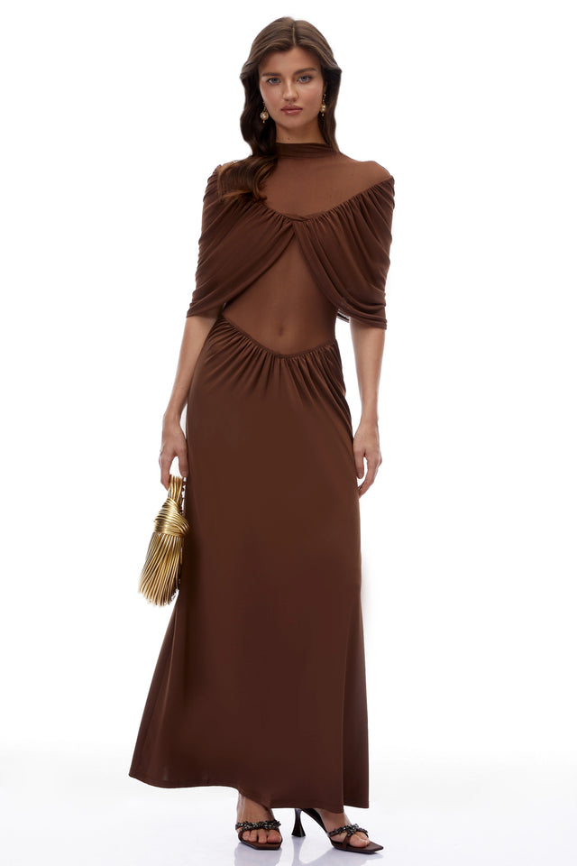 Benedetta Maxi Dress Chocolate Brown Ruched with Cape Sleeves