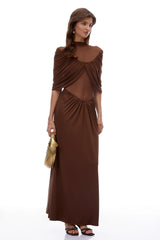 Benedetta Maxi Dress Chocolate Brown Ruched with Cape Sleeves