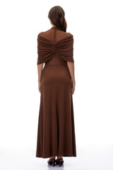 Benedetta Maxi Dress Chocolate Brown Ruched with Cape Sleeves
