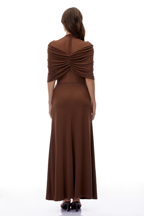 Benedetta Maxi Dress Chocolate Brown Ruched with Cape Sleeves
