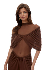 Benedetta Maxi Dress Chocolate Brown Ruched with Cape Sleeves