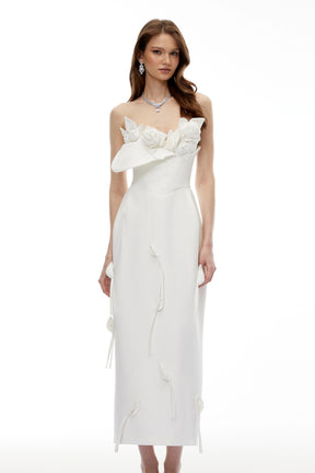 Clementina Maxi Dress White with 3D Petals