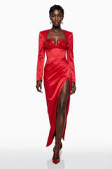 Primula Maxi Dress Red Ruched with 3D Petals