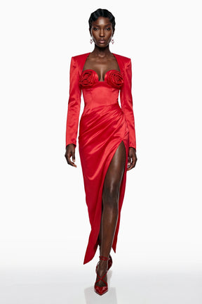 Primula Maxi Dress Red Ruched with 3D Petals