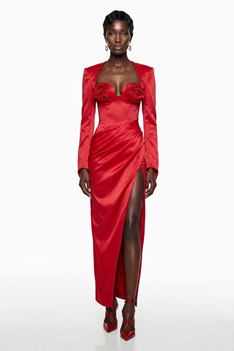 Primula Maxi Dress Red Ruched with 3D Petals