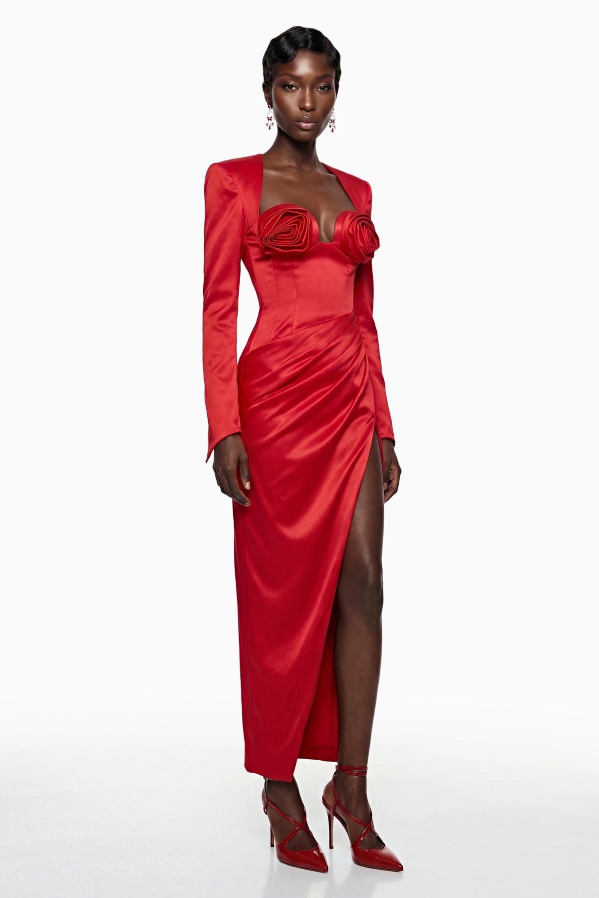 Primula Maxi Dress Red Ruched with 3D Petals