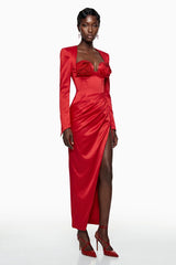 Primula Maxi Dress Red Ruched with 3D Petals