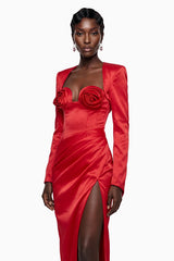 Primula Maxi Dress Red Ruched with 3D Petals