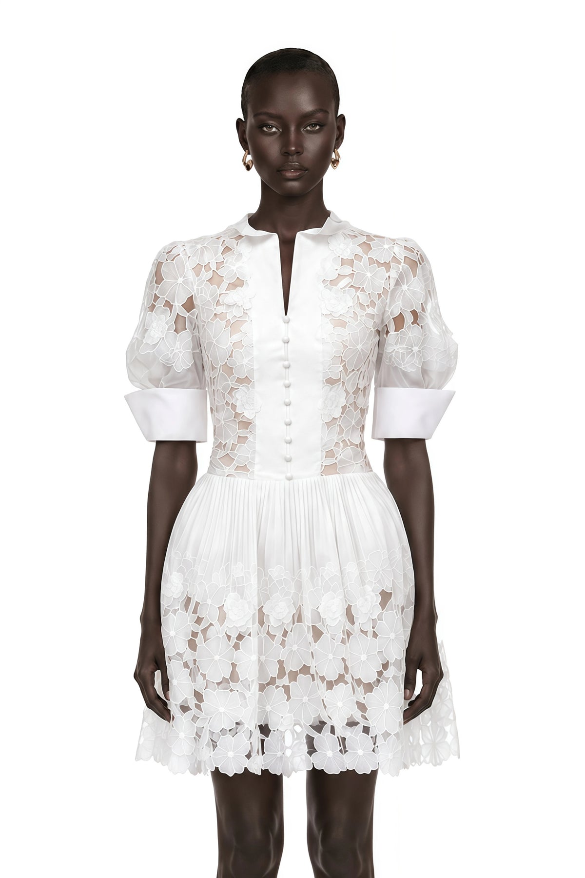 Mariolina Mini Dress White Floral Appliqué with Cut-Outs