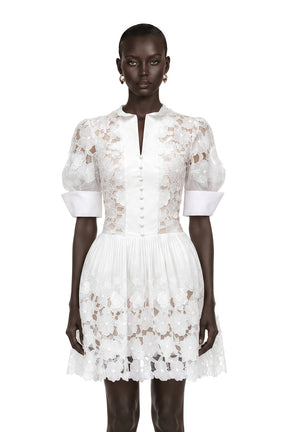 Mariolina Mini Dress White Floral Appliqué with Cut-Outs