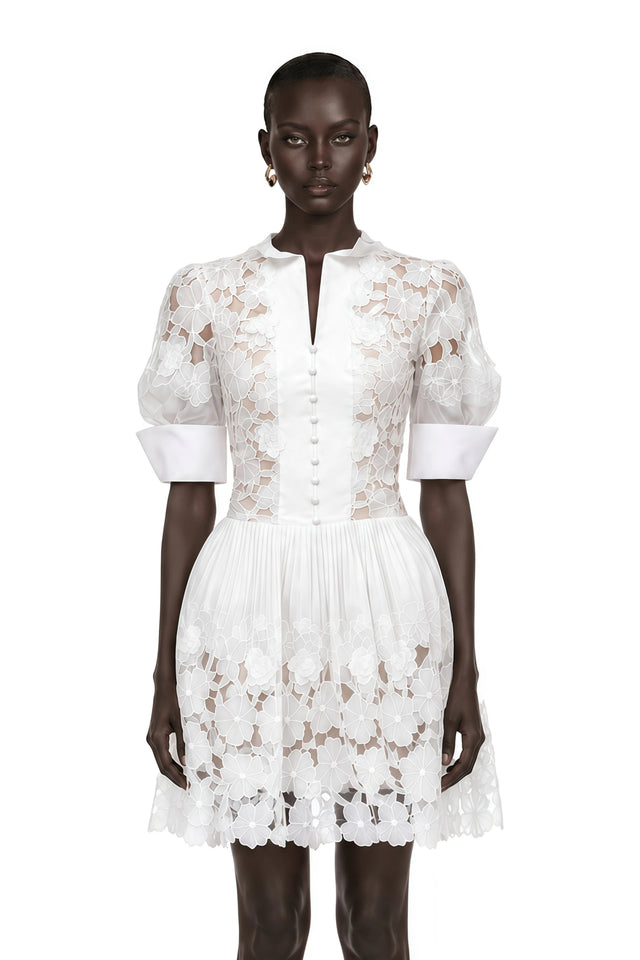 Mariolina Mini Dress White Floral Appliqué with Cut-Outs