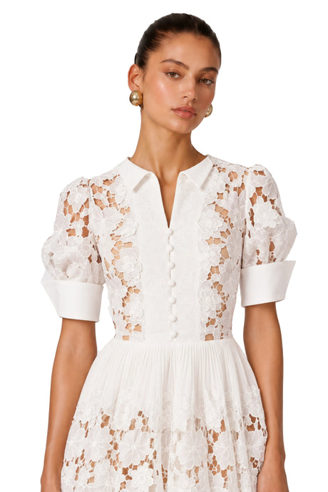 Shayla Mini Dress White Floral Appliqué with Cut-Outs