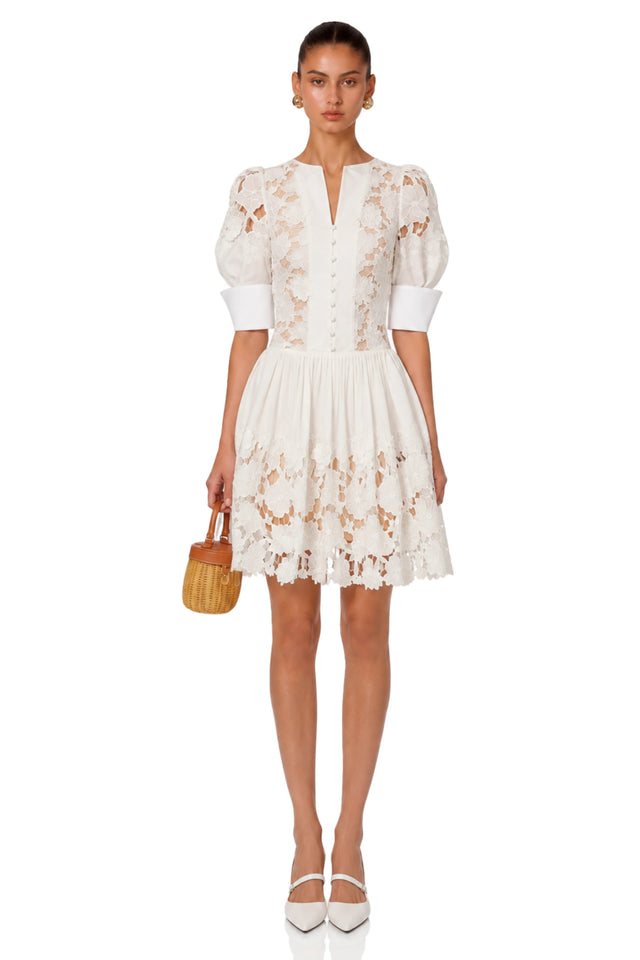 Shayla Mini Dress White Floral Appliqué with Cut-Outs