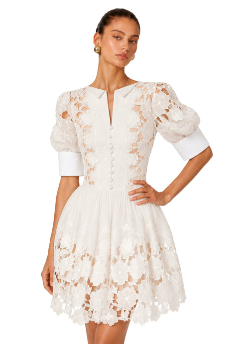 Shayla Mini Dress White Floral Appliqué with Cut-Outs