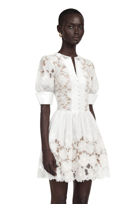 Mariolina Mini Dress White Floral Appliqué with Cut-Outs